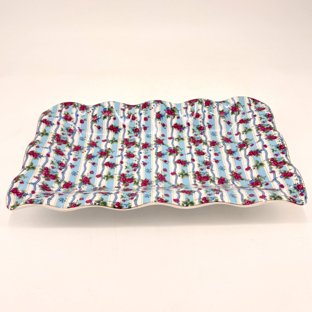 Vintage Jay & Sons Chintz Porcelain Serving Tray Pink Roses Blue Stripes‎ 12"